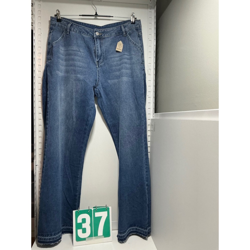FP Jeans Womens XXL Blue Medium Wash Wide Leg Raw Hem High Rise Stretch Denim